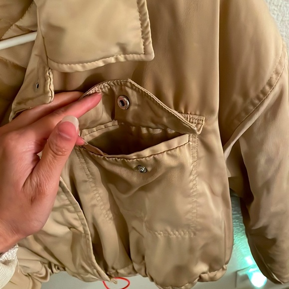 Satin Quilted Crop Jacket Tan - Picture 3 of 6